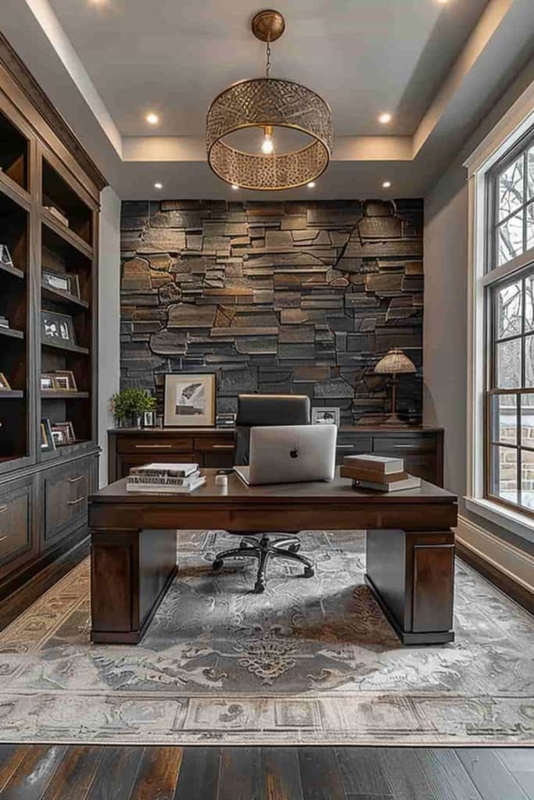 Executive Desk with Dramatic Textured Stone Accent Wall and Built-Ins