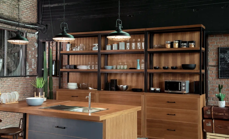 Exposed Brick Wall Kitchen Ideas with Black Metal Shelving Frames