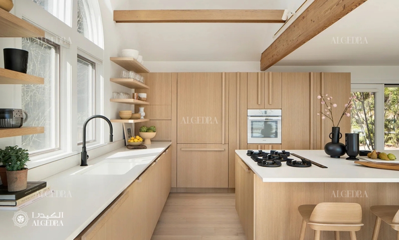 Exposed Timber Ceiling Beams Kitchen with Modern Arched Window Design