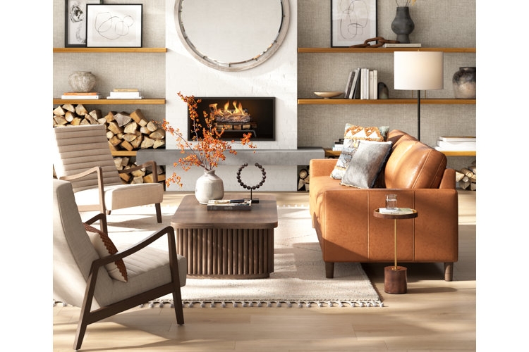 Exposed Wood Frame Accent Chairs with Ribbed Coffee Table