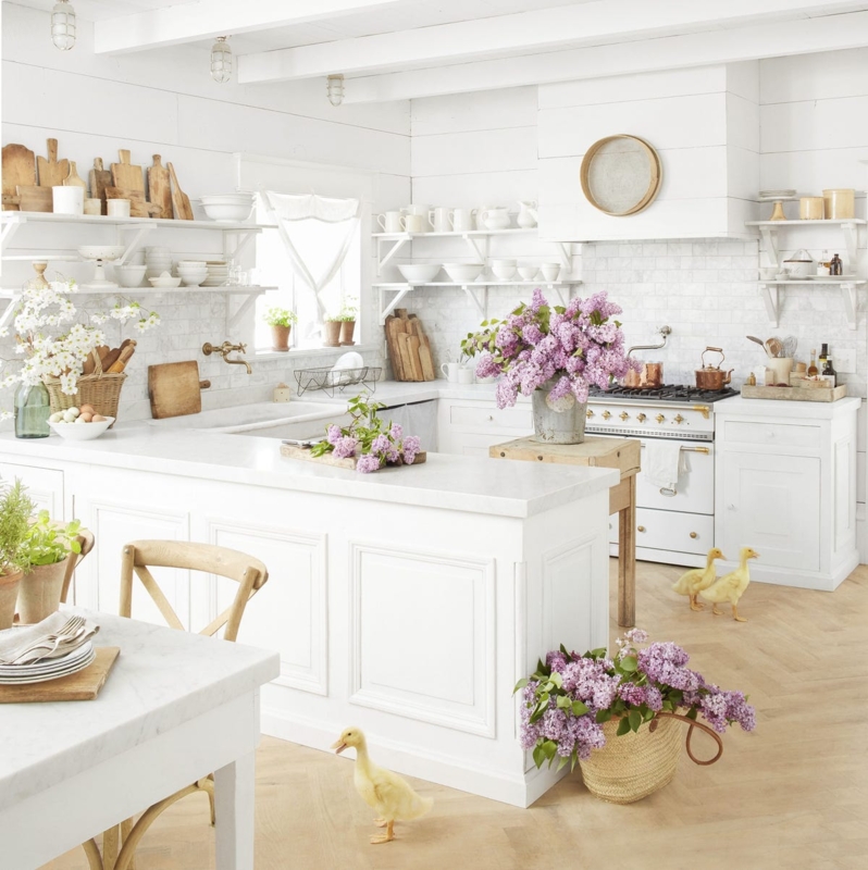 Extensive White Farmhouse Open Shelving with Herringbone Floors