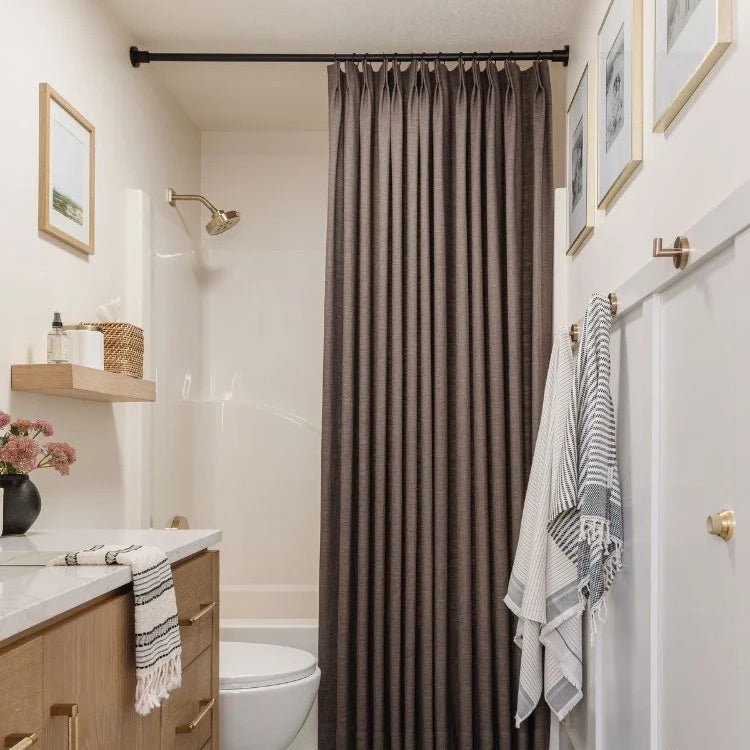 Extra Long Taupe Shower Curtain with Tailored Pinch Pleats