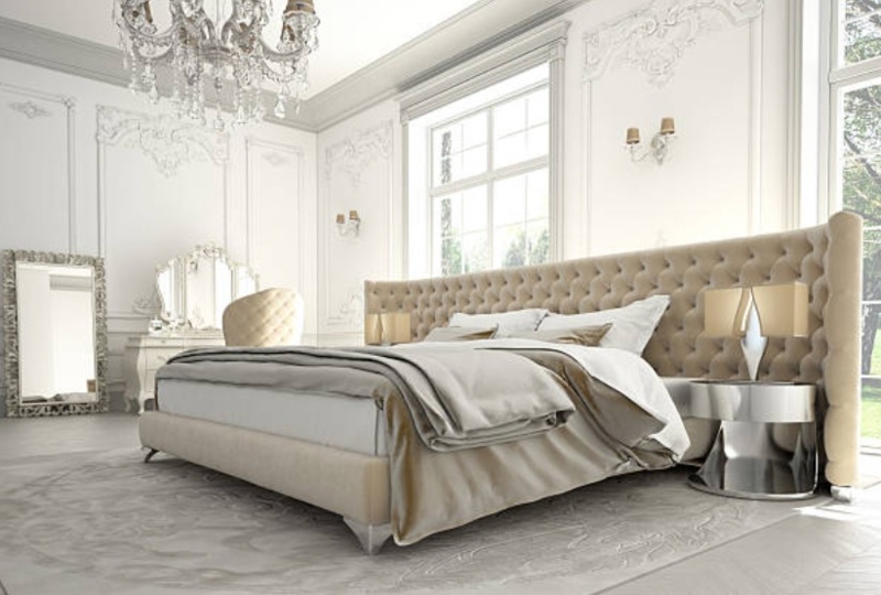 Extra Wide Tufted Headboard Bed in Cream with Ornate Wall Paneling