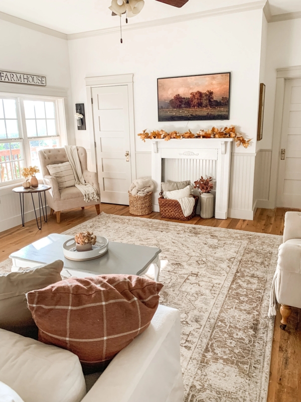 Faded Traditional Area Rug in a Farmhouse Living Room with Fireplace.