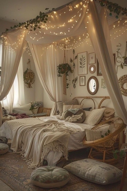 Fairy Light Canopy Bed with Rattan Chair in Boho Cottagecore Dorm