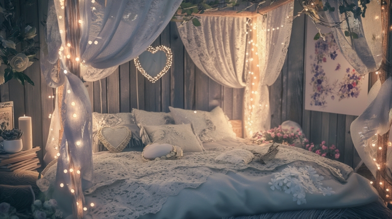 Fairycore Bedroom Lighting Ideas: Lace Canopy Bed and Heart String Light