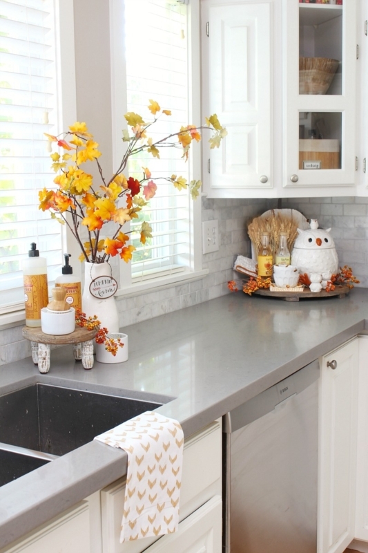 Fall Kitchen Countertop Decor: Autumn Branches & Shaker Cabinets