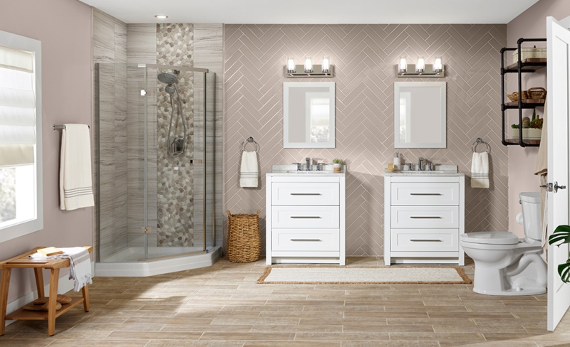 Farmhouse Bathroom Design: Herringbone Tile Wall And Pebble Shower Inlay