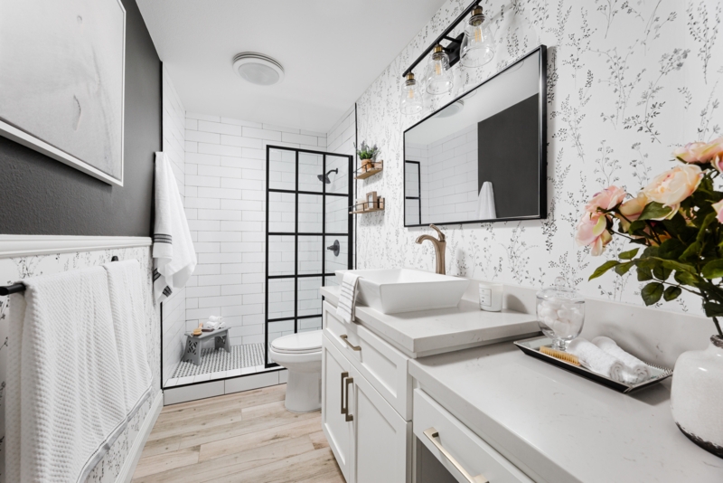 Farmhouse Bathroom Design with Grid Shower Door and Floral Wallpaper