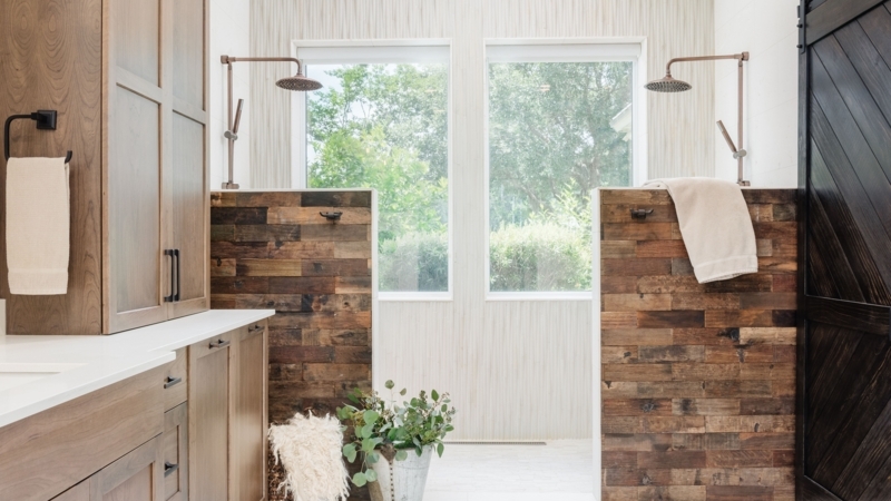 Farmhouse Bathroom: Double Rain Shower & Reclaimed Wood