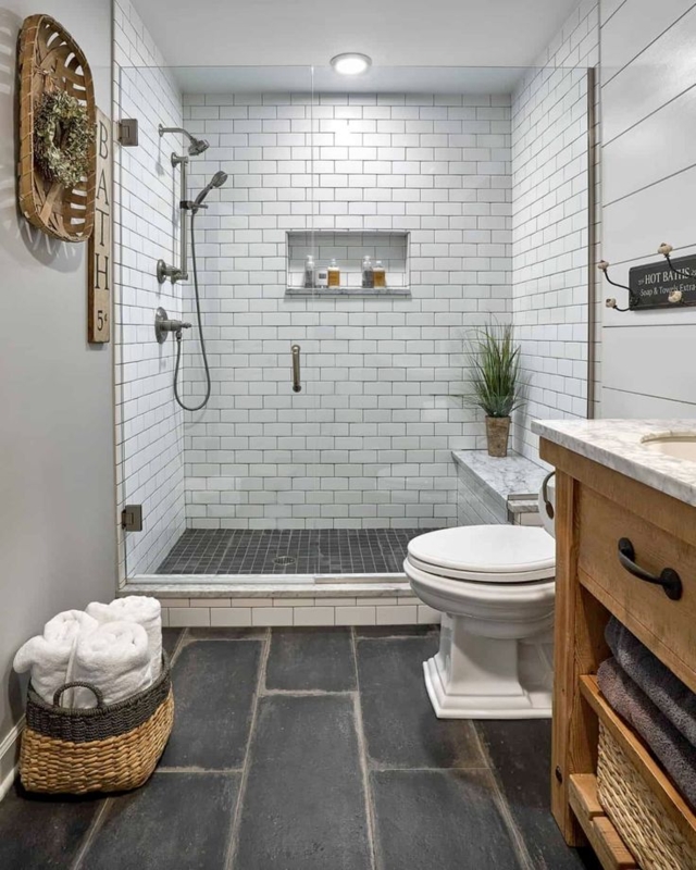 Farmhouse Bathroom featuring White Subway Tile and Charcoal Tile Floor