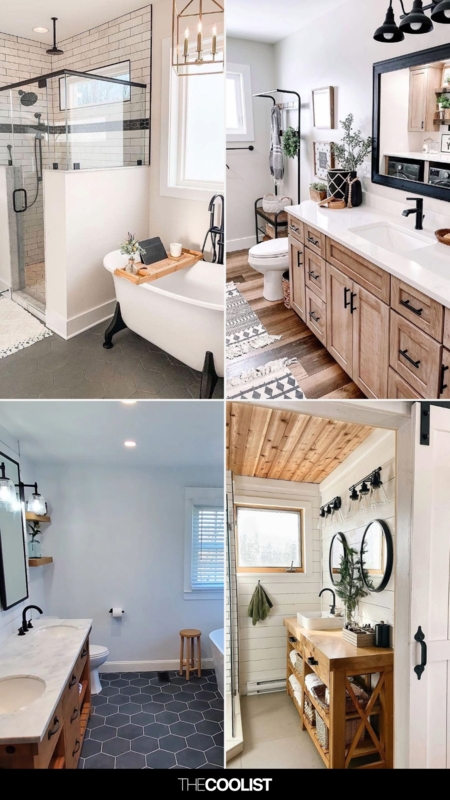 Farmhouse Bathroom Ideas with Mixed Tile Shapes and Matte Black Hardware