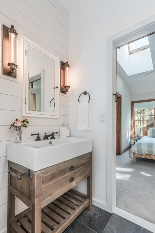 Farmhouse Bathroom Vanity with Slatted Shelf and Shiplap Walls