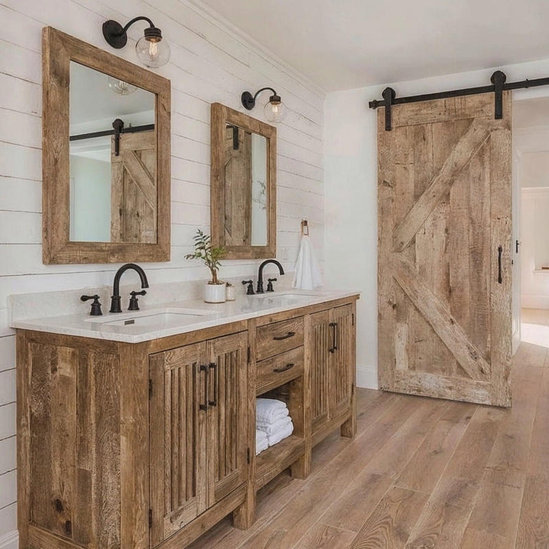 Farmhouse Bathroom with Weathered Wood Vanity and Sliding Barn Door