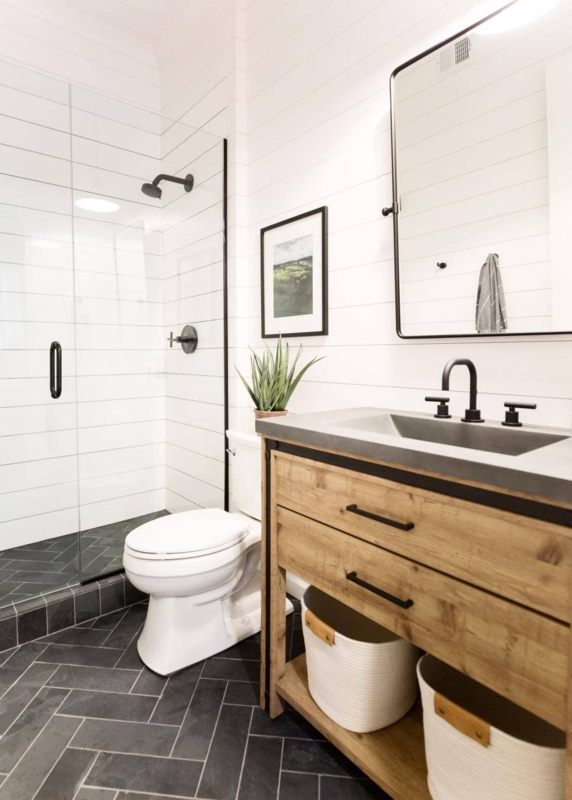 Farmhouse Bathroom with White Shiplap Walls and Herringbone Floor Tile