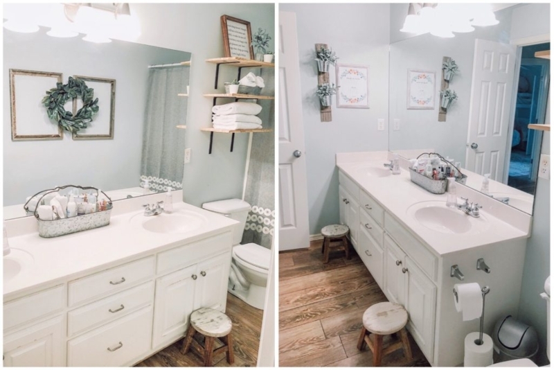 Farmhouse Bathroom with Wood Look Flooring and Rustic Wooden Stools