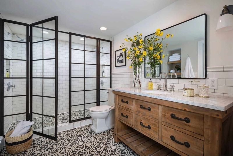 Farmhouse Bathroom with Wood Vanity and Grid Shower Enclosure