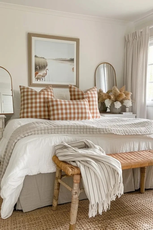 Farmhouse Bedroom with Gingham Check Pillows and Arched Mirrors