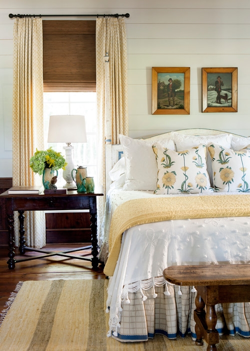 Farmhouse Bedroom with Horizontal Shiplap and Barley Twist Side Table