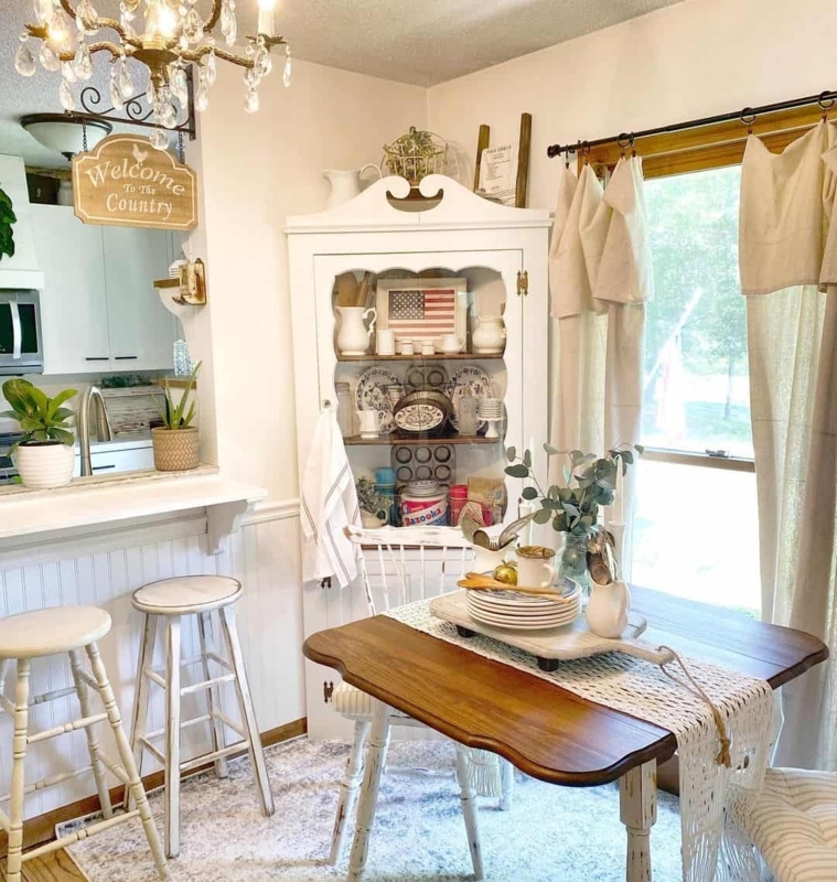 Farmhouse Corner Cabinet with Scrolled Top Detail