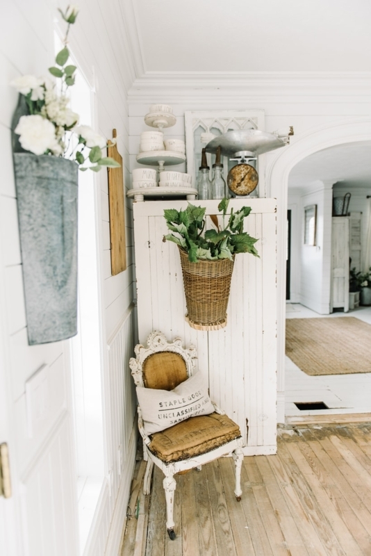 Farmhouse Corner Decor with Wicker Hanging Basket
