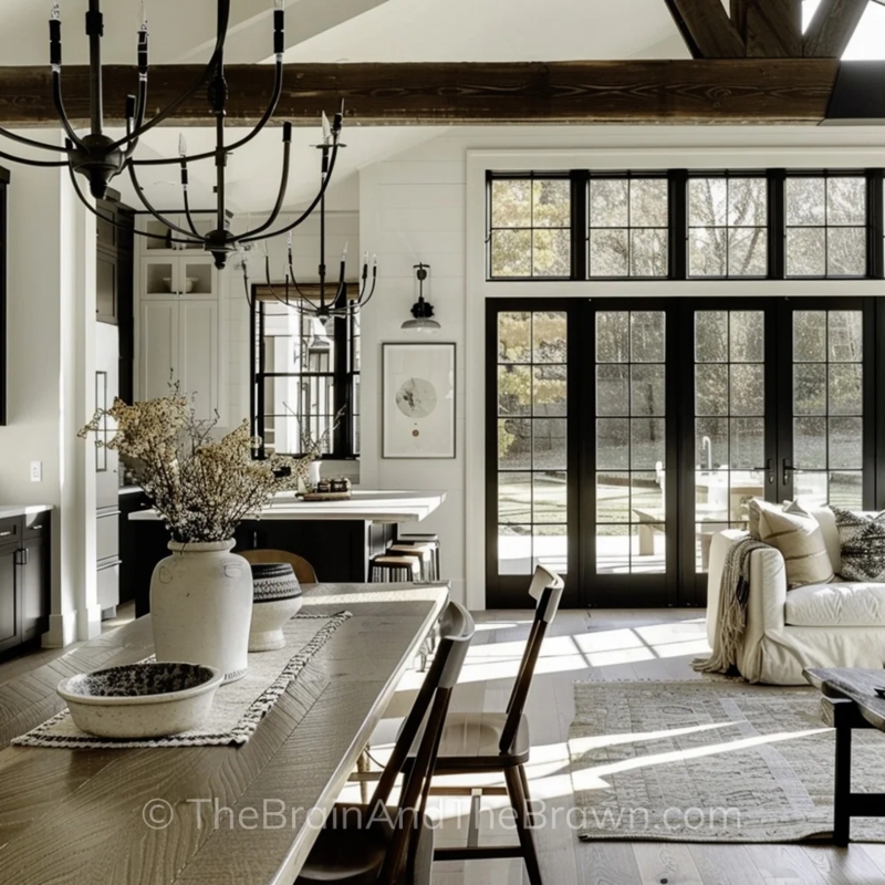 Farmhouse Dining with Black Grid Doors & Herringbone Table