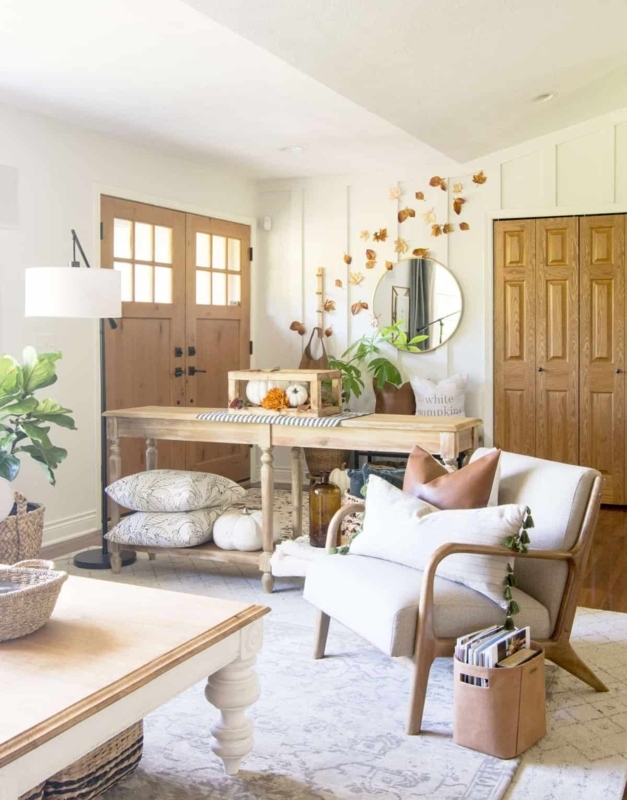 Farmhouse Entryway with Natural Wood Doors & Seasonal Autumn Styling