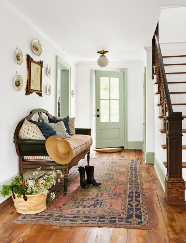 Farmhouse Entryway with Sage Green Trim & Vintage Settee Bench