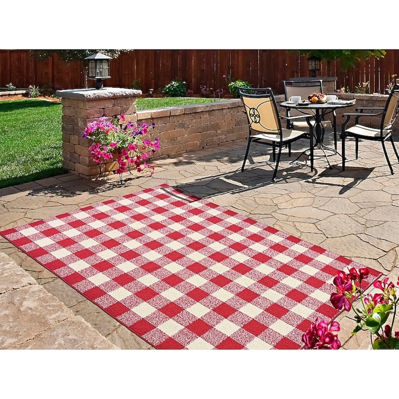 Farmhouse Indoor Outdoor Area Rug Chili Red and Ivory Buffalo Plaid