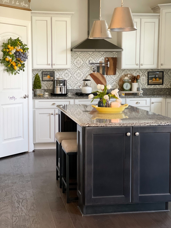 Farmhouse Kitchen: Black Island Contrast and Arabesque Tile Backsplash