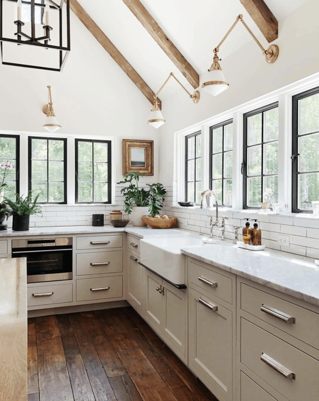 Farmhouse Kitchen Black Windows & Brass Swing Arm Sconces