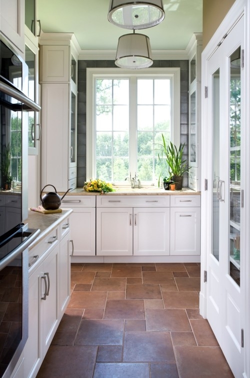 Farmhouse Kitchen Floor Tiles with Sage Green Ceiling