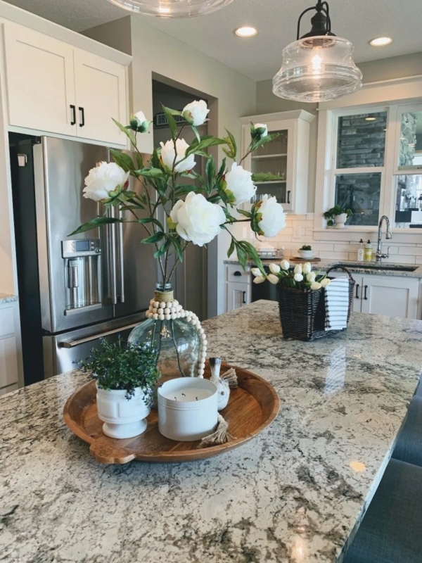 Farmhouse Kitchen Island Decor with Round Wooden Tray and Peonies