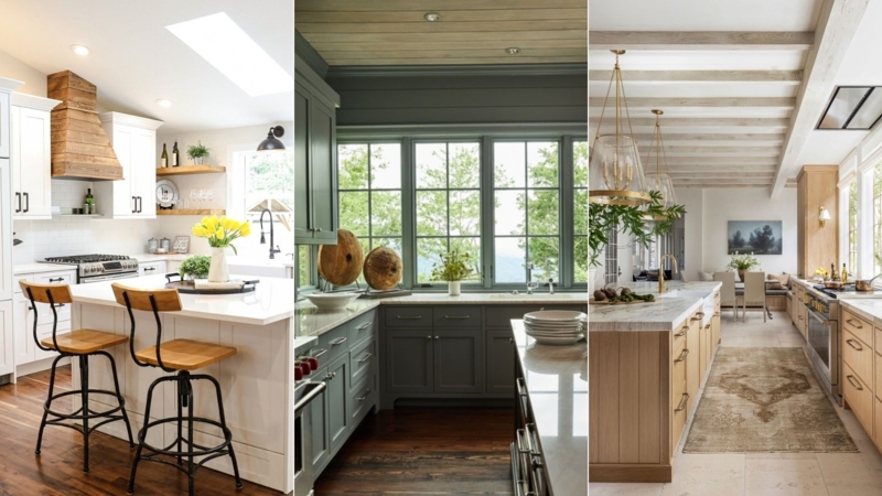 Farmhouse Kitchen Island Ideas with Wood Range Hood
