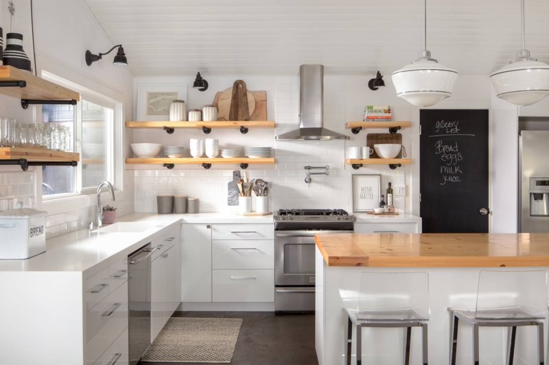 Farmhouse Kitchen Island with Wood Countertops and Acrylic Stools