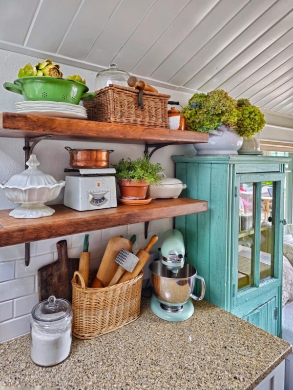 Farmhouse Kitchen Open Shelving with Teal Cabinet and Woven Baskets