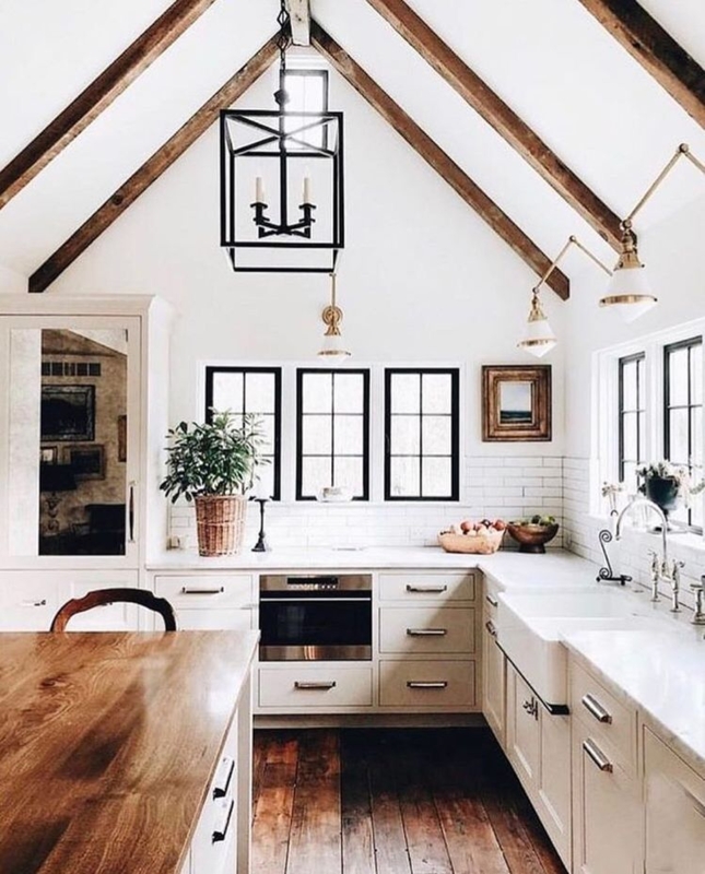 Farmhouse Kitchen with Beams and Black Grid Windows