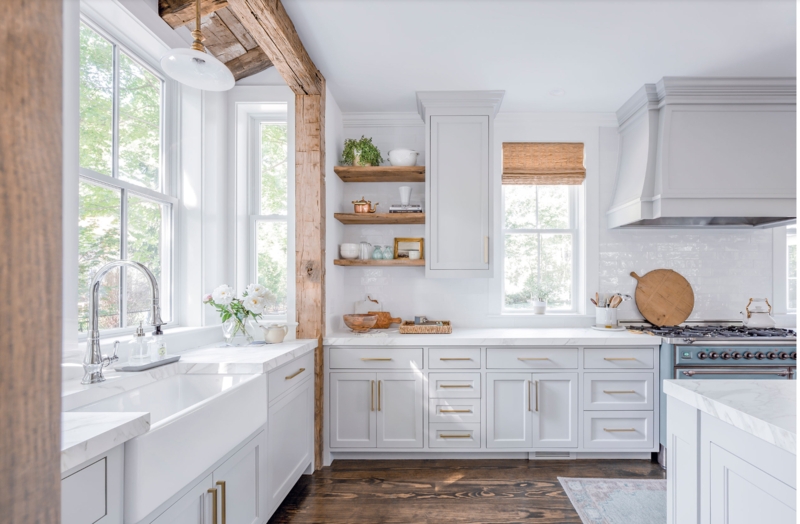 Farmhouse Kitchen with Blue Range and Reclaimed Beams