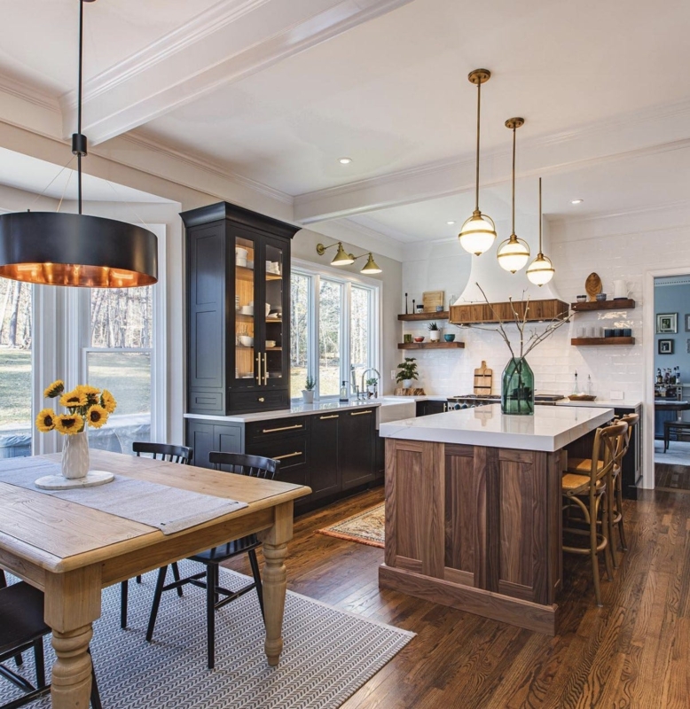 Farmhouse Kitchen with Charcoal Cabinetry & Walnut Island Panel