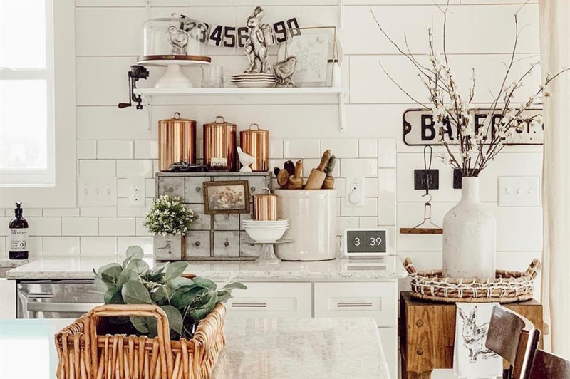 Farmhouse Kitchen with Copper Canister Set & White Subway Tile