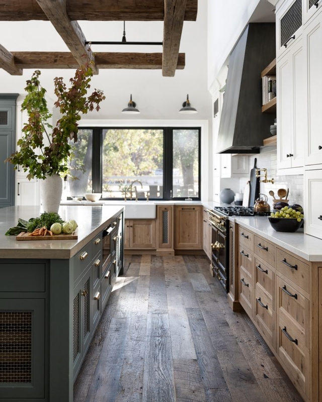 Farmhouse Kitchen with Green Island and Mesh Cabinets