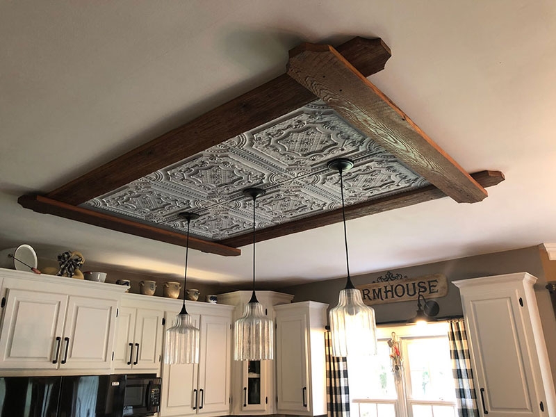 Farmhouse Kitchen with Ornate Pressed Tin Ceiling Tiles and Rustic Beams