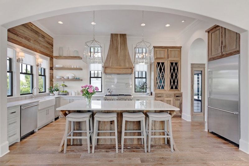 Farmhouse Kitchen with Wood Island & Oversized Glass Pendants
