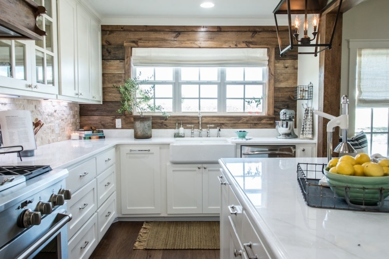 Farmhouse Kitchen with Wood Wall and White Shaker Cabinets
