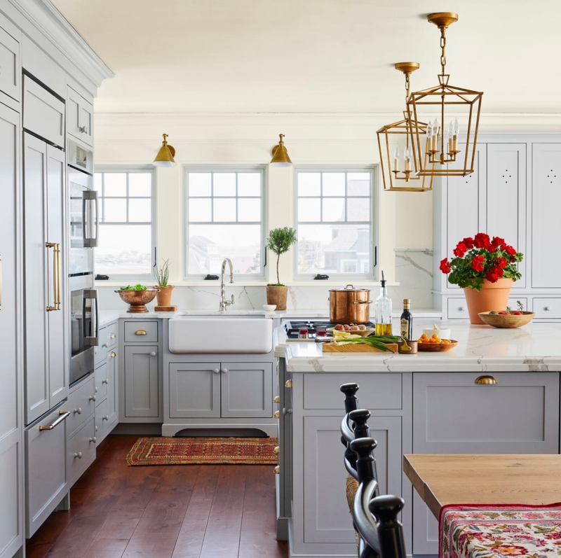 Farmhouse Lantern Pendants Over Kitchen Island with Gray Cabinets