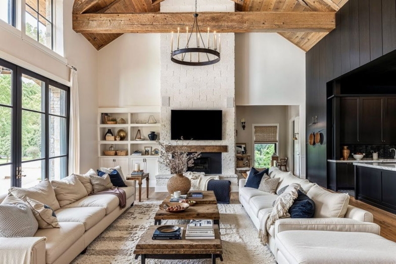 Farmhouse Living Room, Vaulted Wood Ceiling & Stone Fireplace