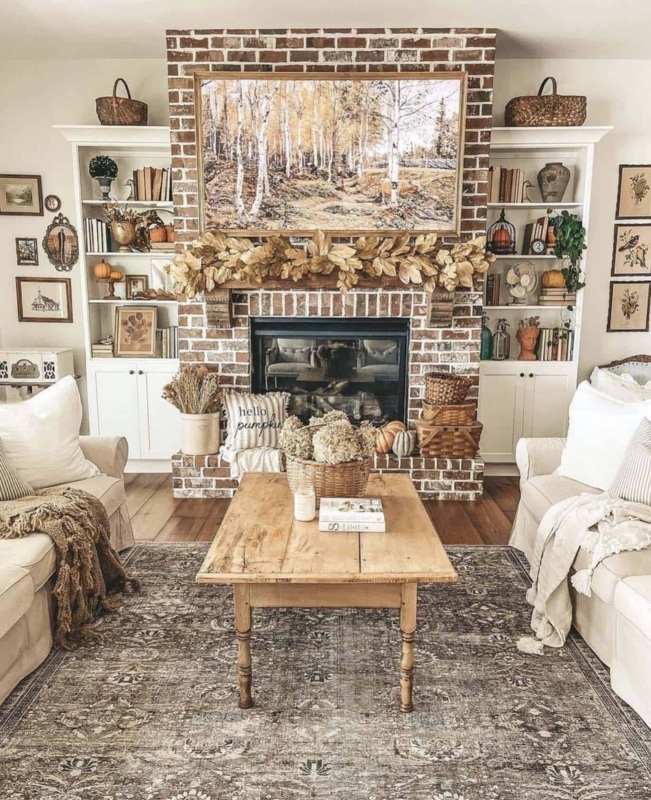 Farmhouse Living Room with Brick Fireplace & Seasonal Fall Garland