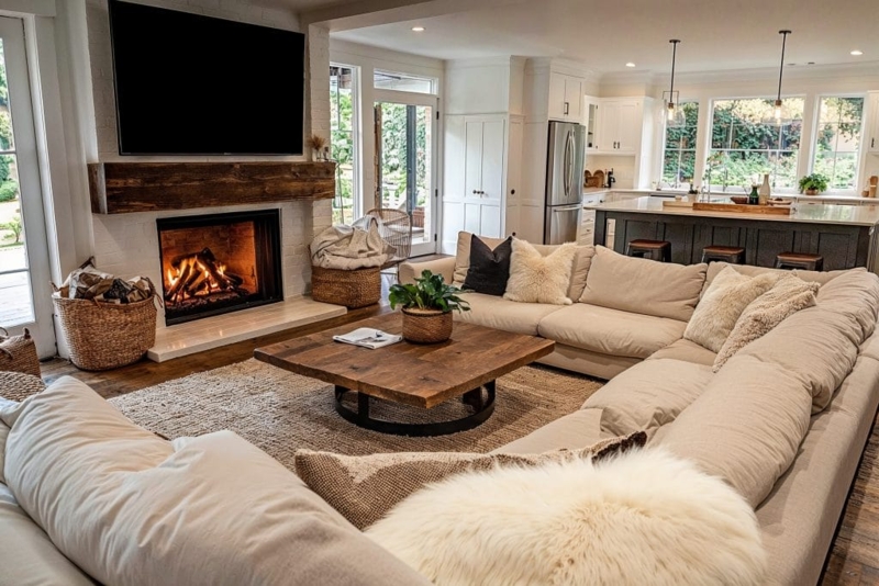 Farmhouse Living Room with Large Sectional & Rustic Beam Mantel