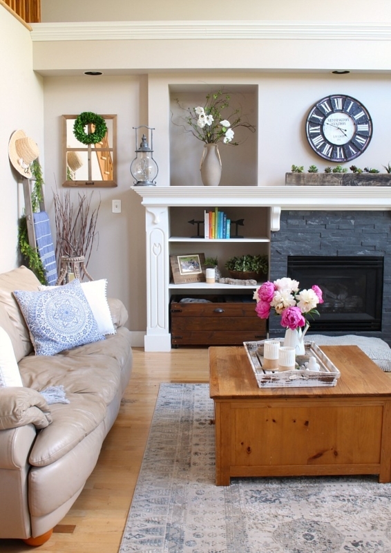 Farmhouse Living Room with Recessed Mantel Niche & Large Clock