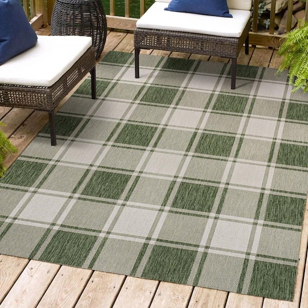 Farmhouse Outdoor Area Rug Sage Green and Cream Bold Gingham Check